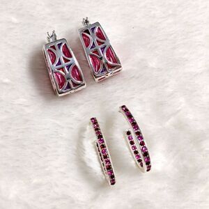 Vintage Silvertone/Pink Acrylic and Pink Rhinestone Pierced Earrings (2) Pair